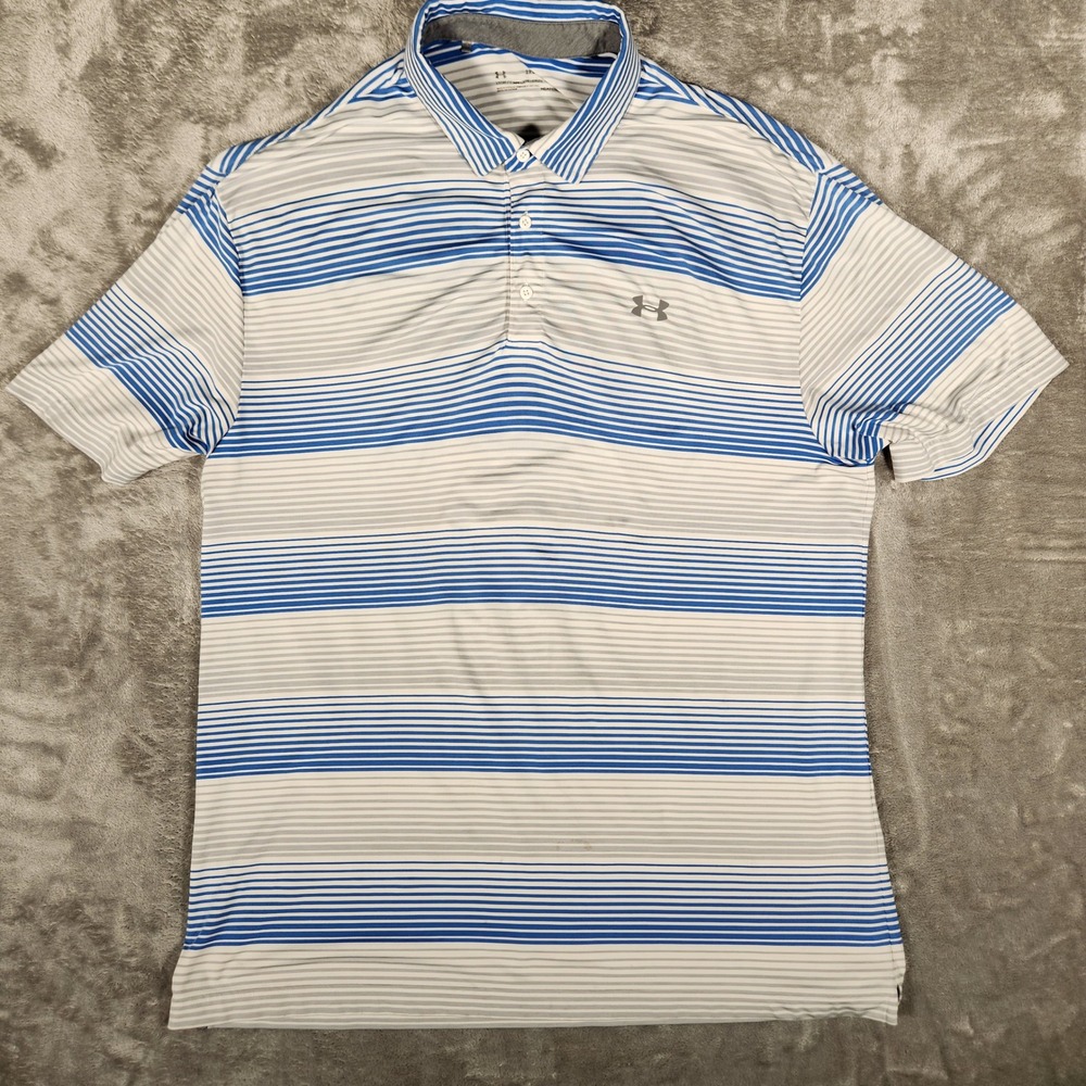 Under Armour‎ Polo Shirt Mens 2XL Blue Excellent Striped HeatGear Short Sleeve